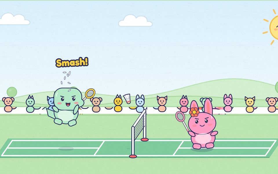Doodle jumping to smash a shuttle over the net in a park, with Bun the bunny ready on the other side and critters cheering in the stands