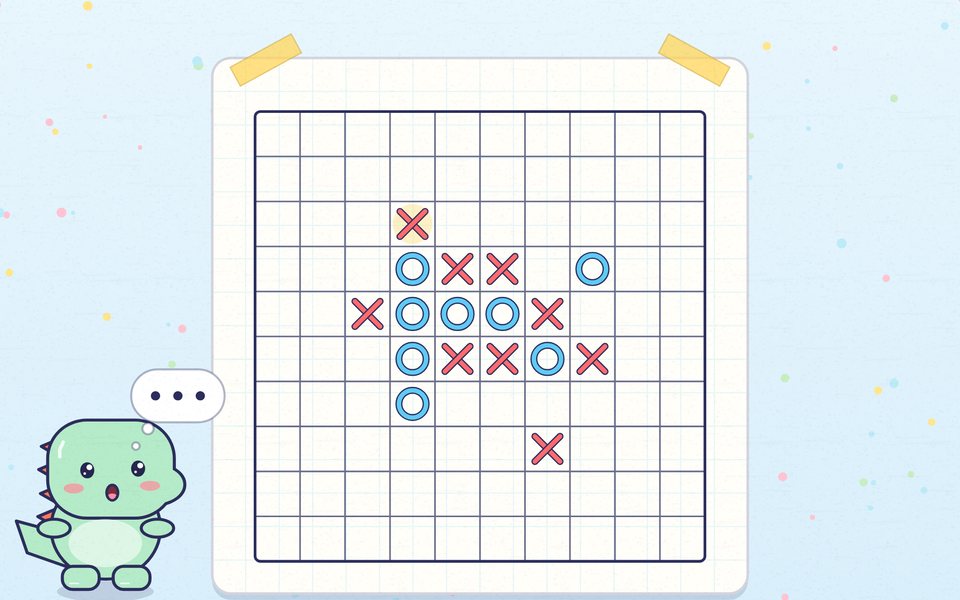 Red crayon X marks and blue O marks on a caro board, with Doodle thinking beside the paper