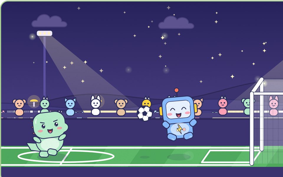 Doodle kicking a soccer ball at the goal in a floodlit stadium at night, with Bolt the robot leaping to stop it and critters watching from the stands