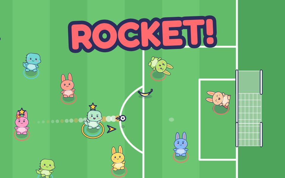 Doodle firing a rocket ball at the bunnies’ goal in the park, with the keeper diving, a bunny slipping on a banana peel, a gift box on the grass and ROCKET! in big letters